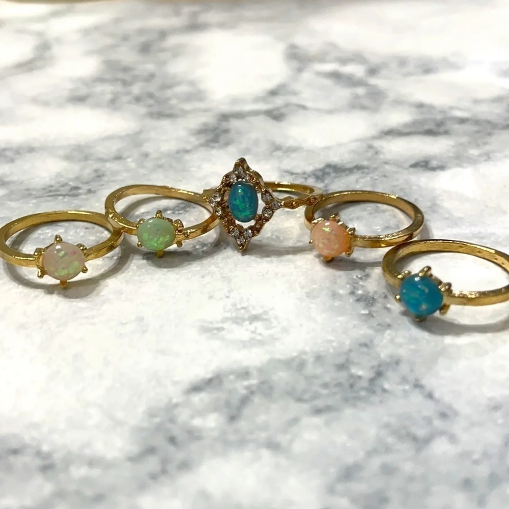 Opal Rhinestone Multicolored Pastel Stackable Rings - Picture 8 of 9